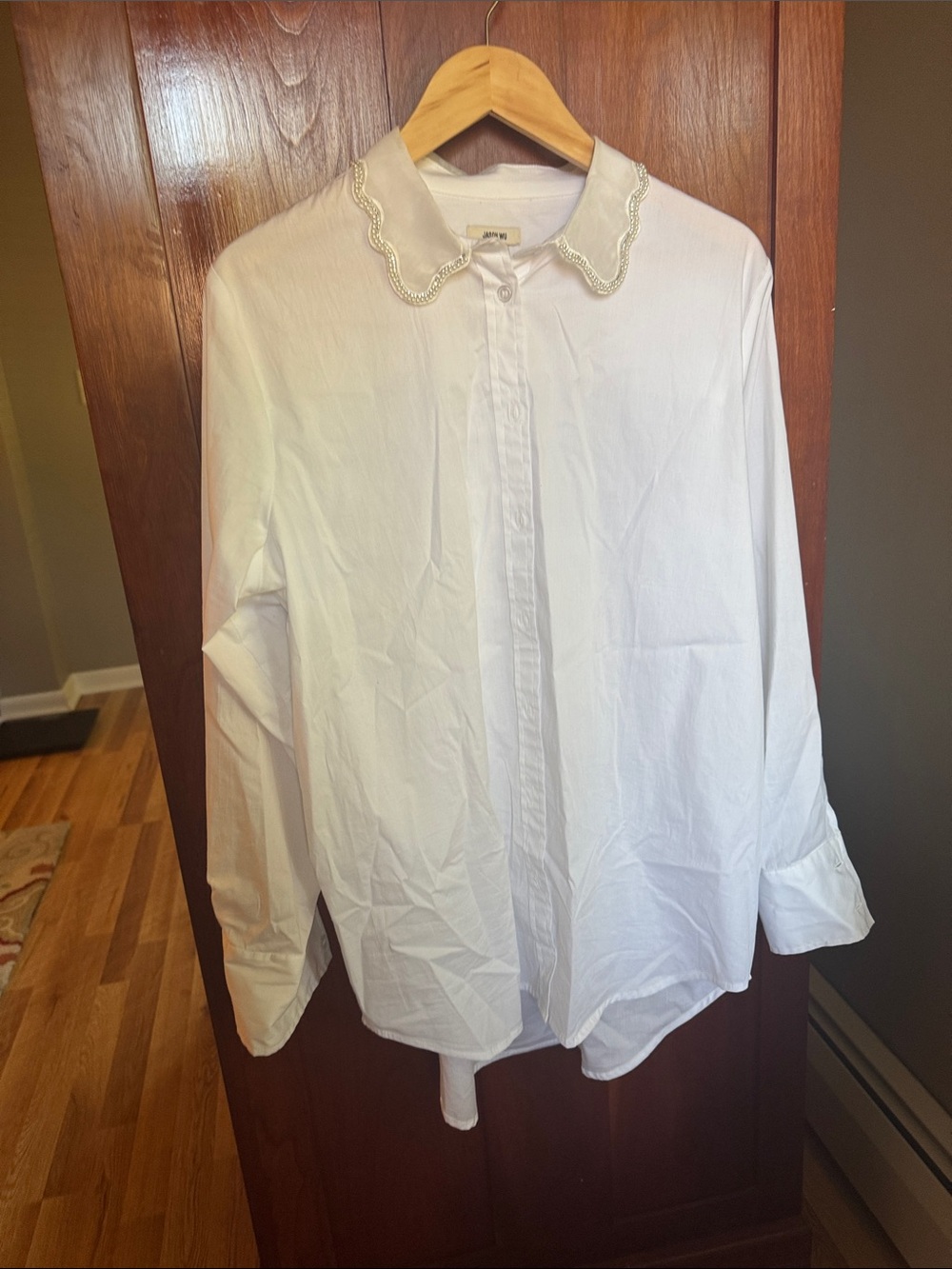 Jason Wu - White Maternity Blouse with Pearl and Rhinestone Scalloped Collar